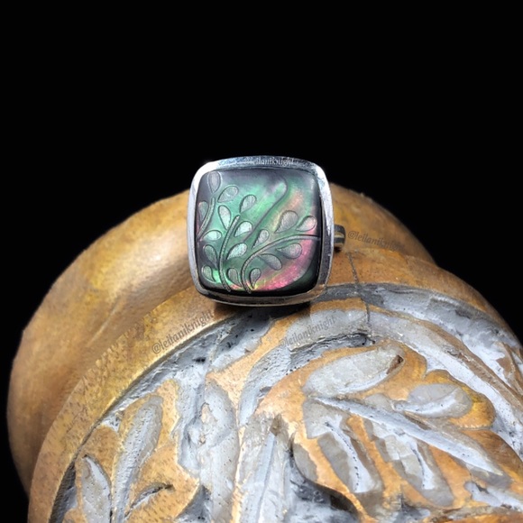 Silpada Retired Sterling Silver Etched Black Lip Shell Fern Leaf Ring - Picture 4 of 11